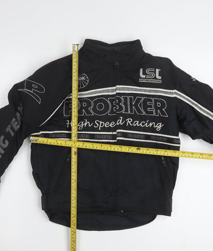 Back view of Probiker boys’ black xs motorcycle racing jacket with embroidered logos