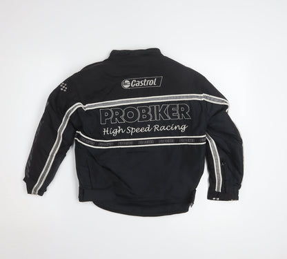 Close-up detail of Probiker boys’ black xs motorcycle racing jacket with embroidered logos