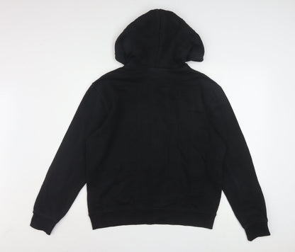 Close-up detail of Adidas women’s black hoodie, size UK 12, pullover cotton blend casual