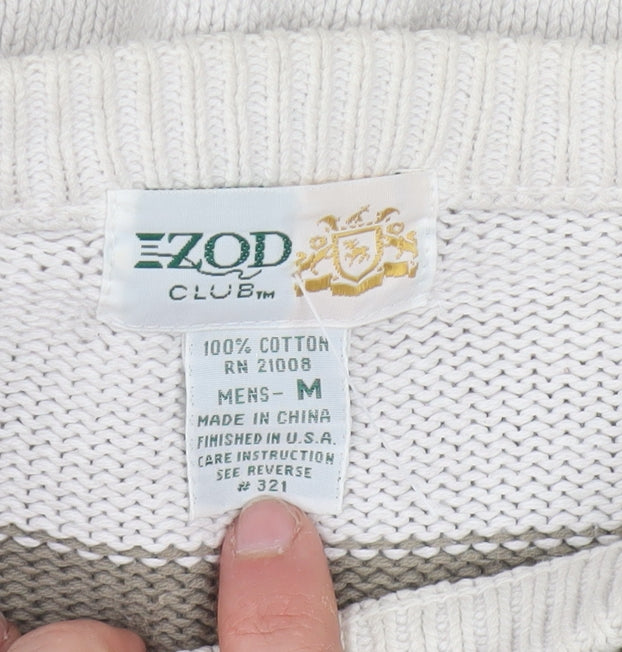 IZOD Men's Beige Striped Cotton Jumper M Crew Neck Classic Fit