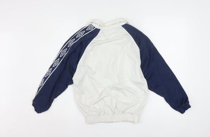 Close-up detail of Umbro boys’ white blue track jacket 11 years full zip retro 90s sportswear