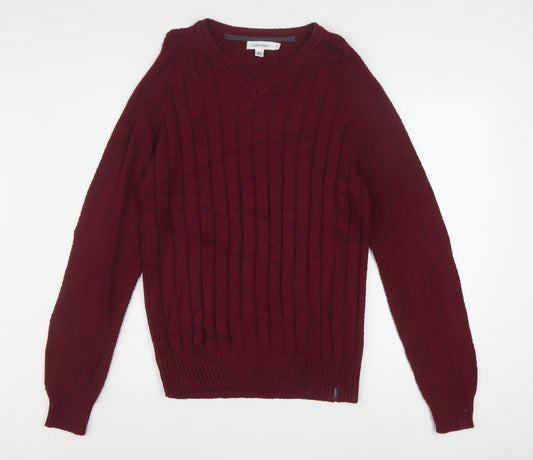 Calvin Klein Men’s Red V-Neck Cable Knit Cotton Jumper M