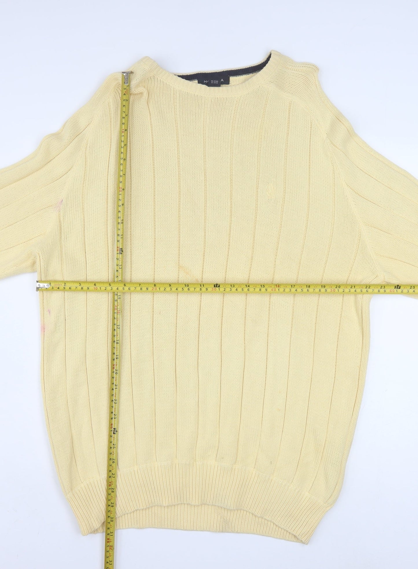 Nautica Mens Beige Cotton Ribbed Crew Neck Pullover Jumper XL