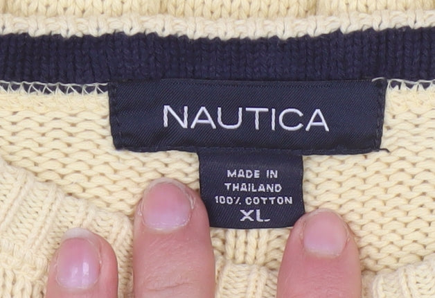 Nautica Mens Beige Cotton Ribbed Crew Neck Pullover Jumper XL