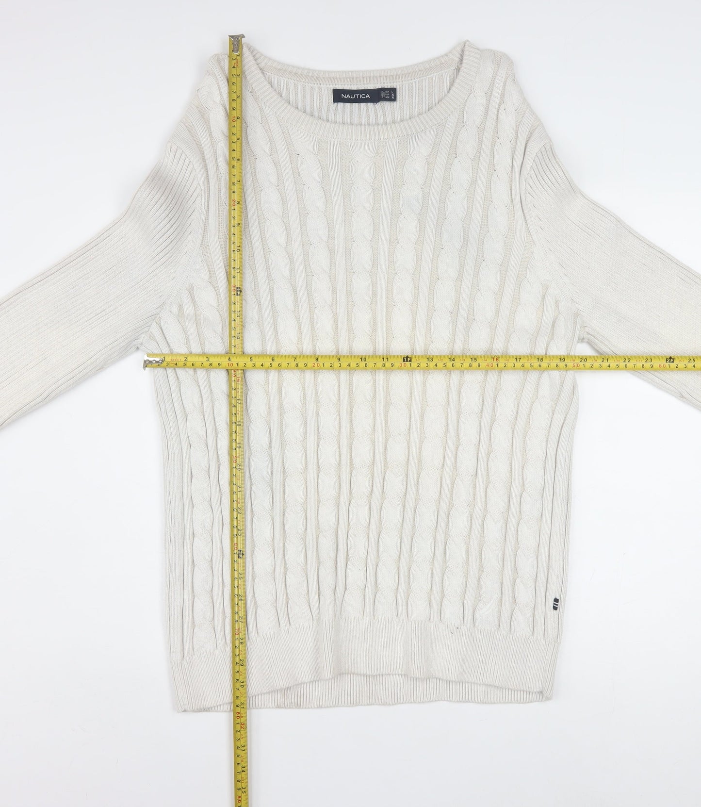 Nautica Men's White Cotton Cable-Knit Crew Neck Jumper XL