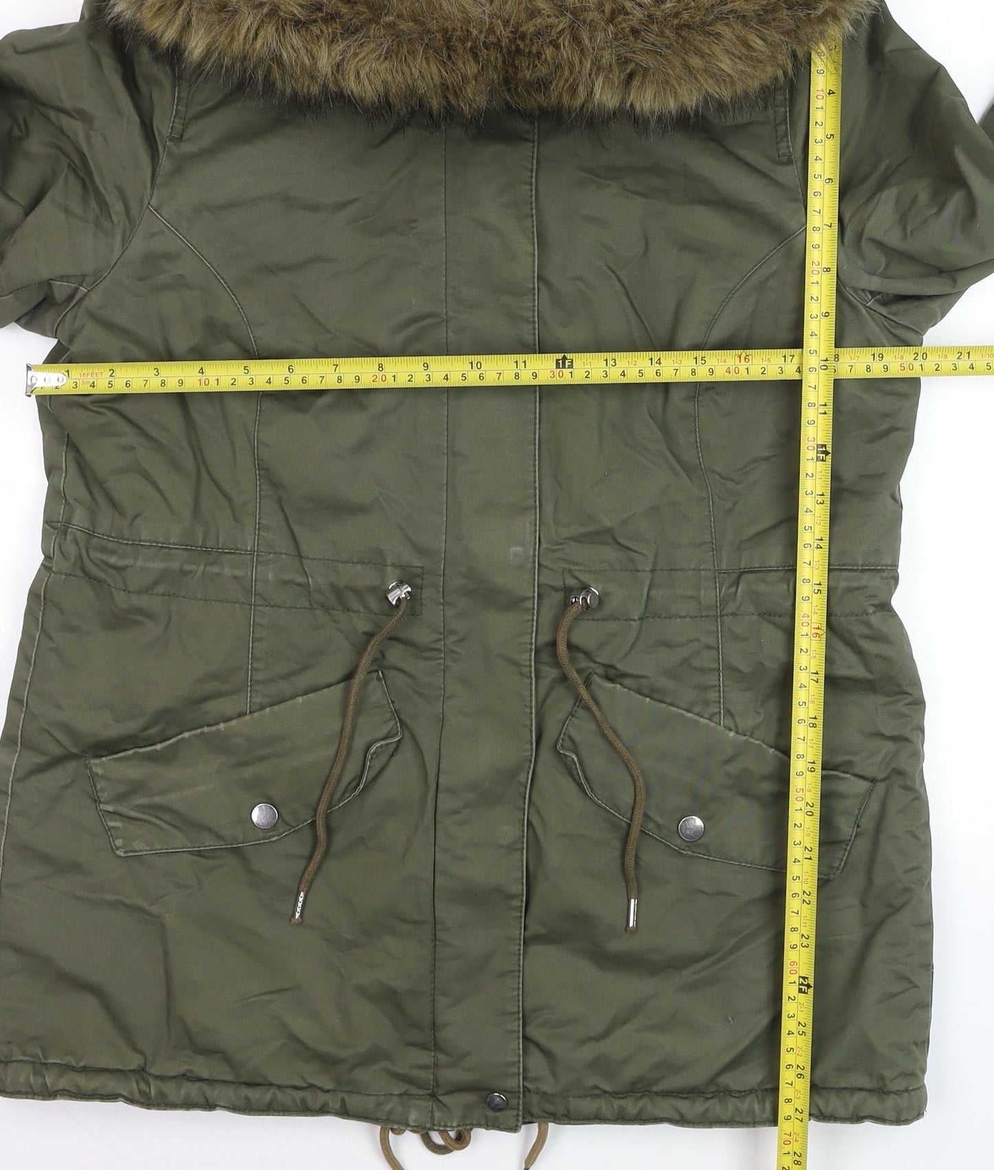 H&M Divided Women's Green Parka Jacket Size 12 Hooded Faux Fur Trim