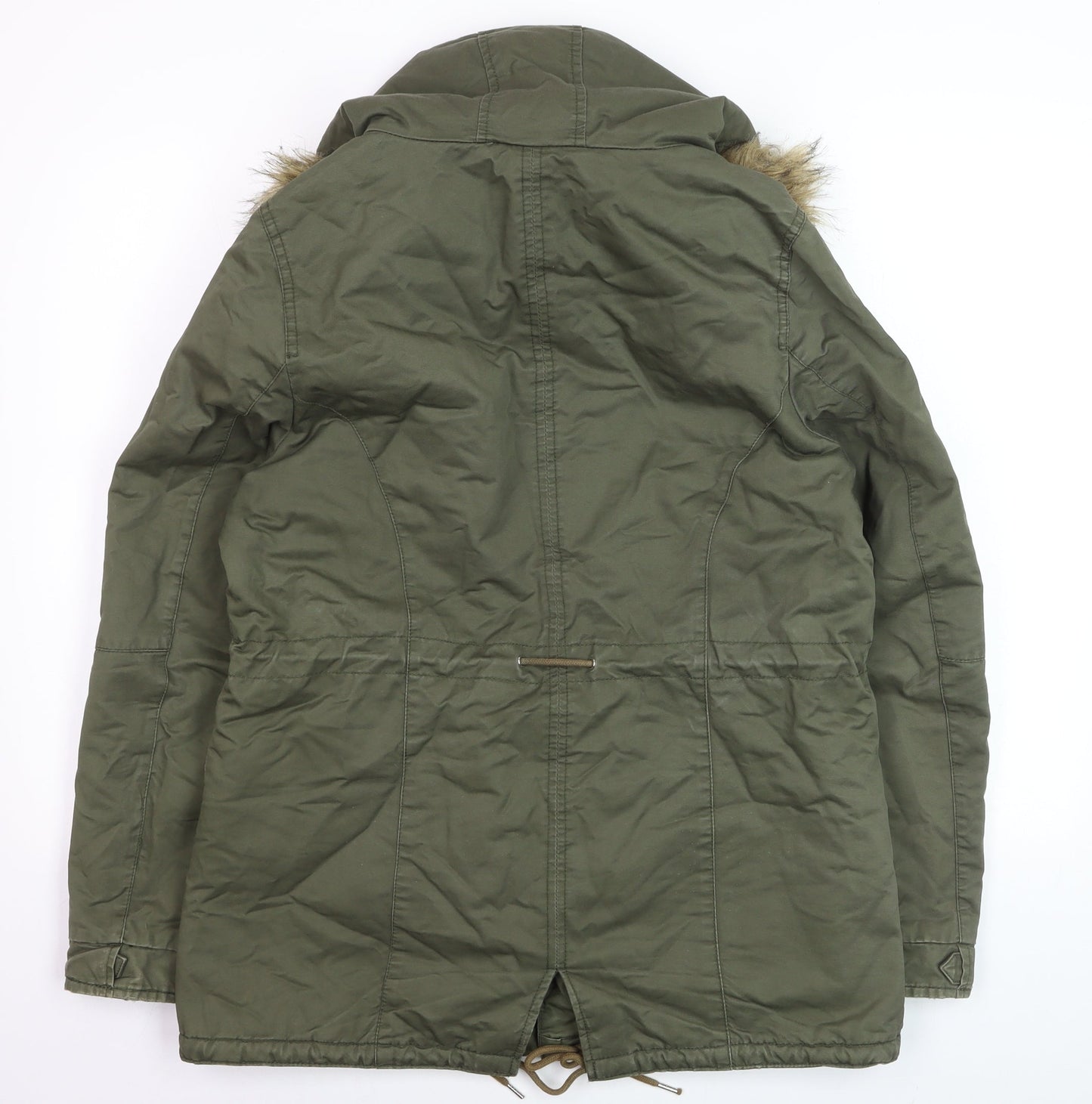H&M Divided Women's Green Parka Jacket Size 12 Hooded Faux Fur Trim