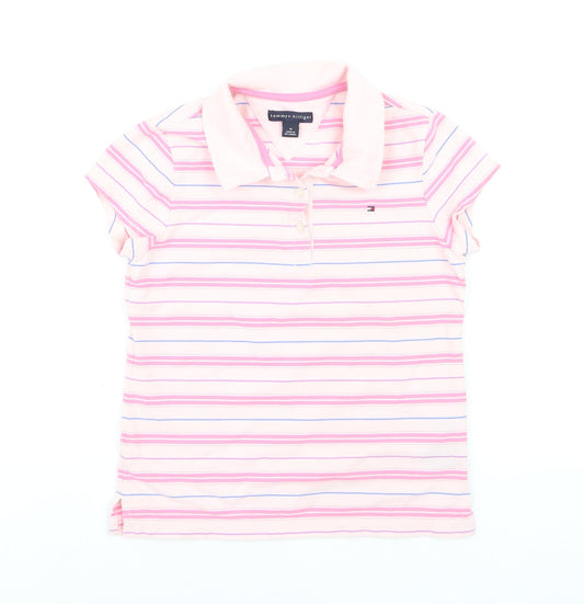 Tommy Hilfiger Girls Pink Striped Polo Shirt Cotton Blend Size M