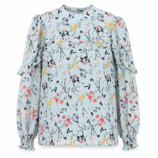 Oasis Womens Blue Floral Long Sleeve Blouse UK 8 Polyester Ruffle Detail