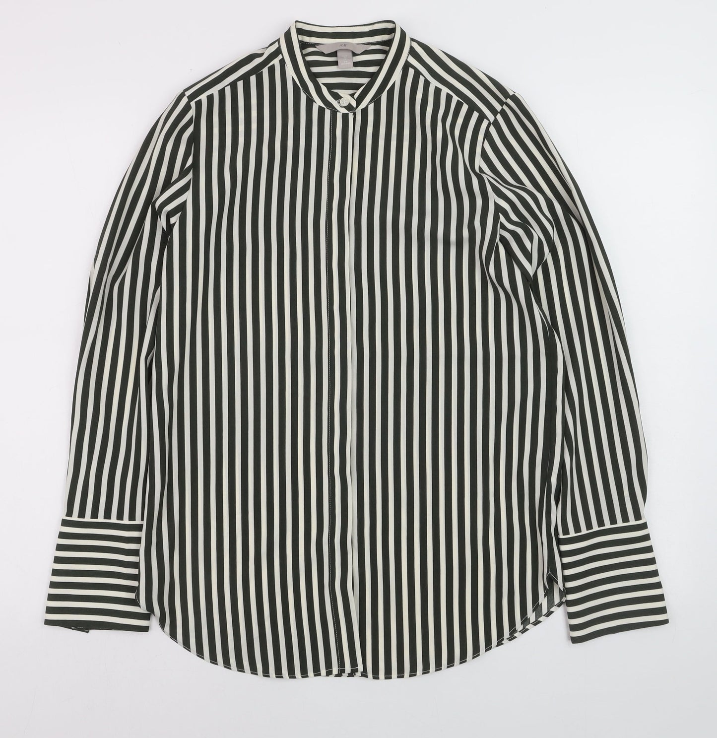 Oasis Women Black Striped Button-Up Long Sleeve Shirt Size 8