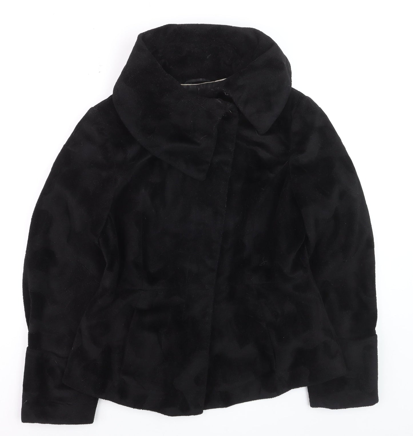 Next Women’s Black Faux Fur Short Jacket Size 12 Lined Collared Winter Coat