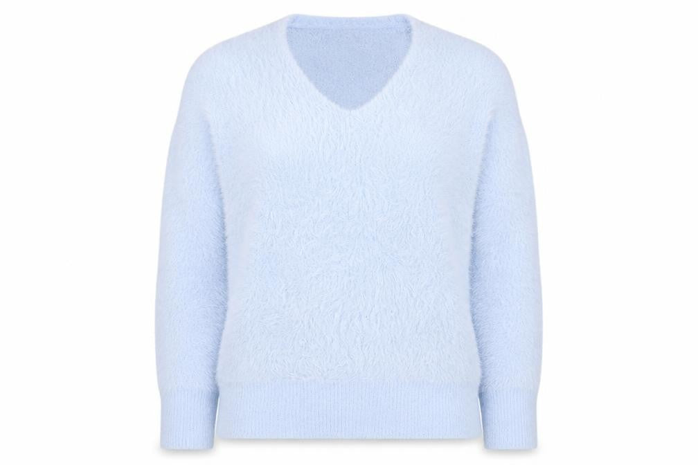 Gallery Women Blue Fuzzy Knit V-Neck Pullover Jumper Size L