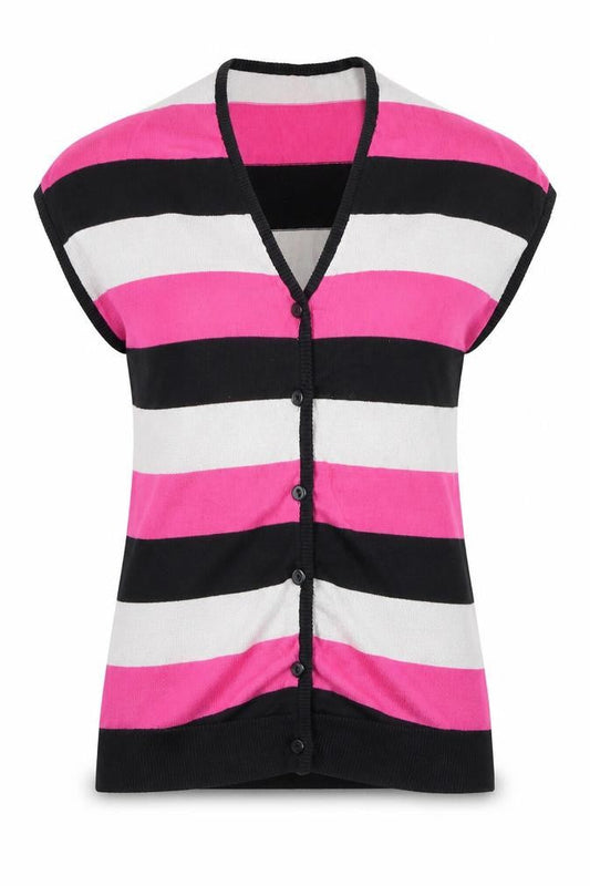 Front view of Dunnes women’s multicoloured striped knit v-neck cardigan, size UK 8