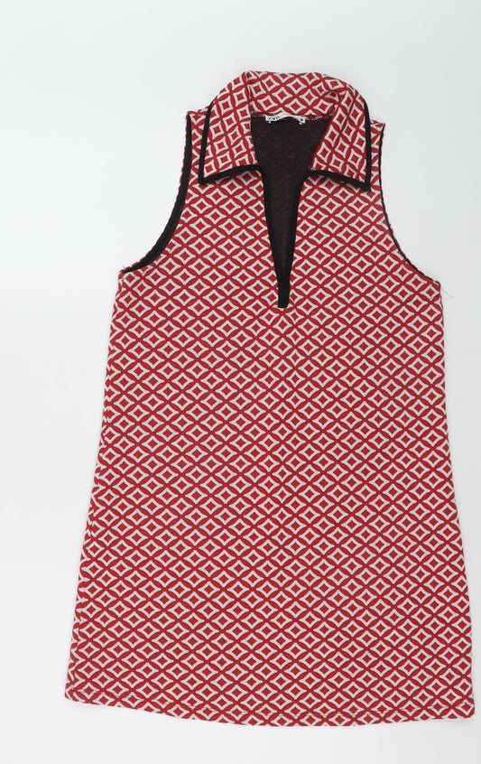 Zara Women Red Geometric Sleeveless Collared Shift Dress Size 10