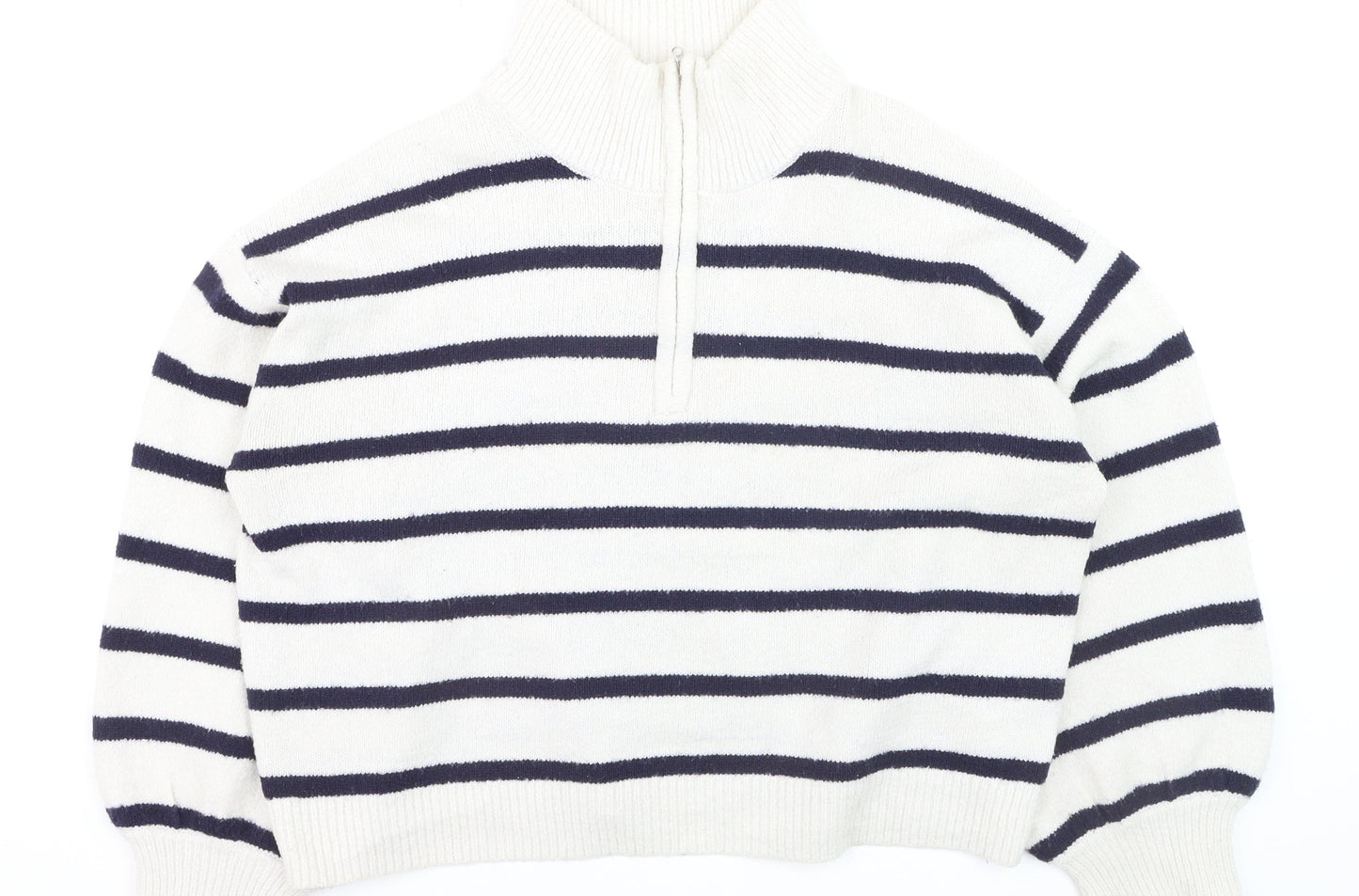 French Connection Women's White Striped 1/2 Zip High Neck Jumper Size L