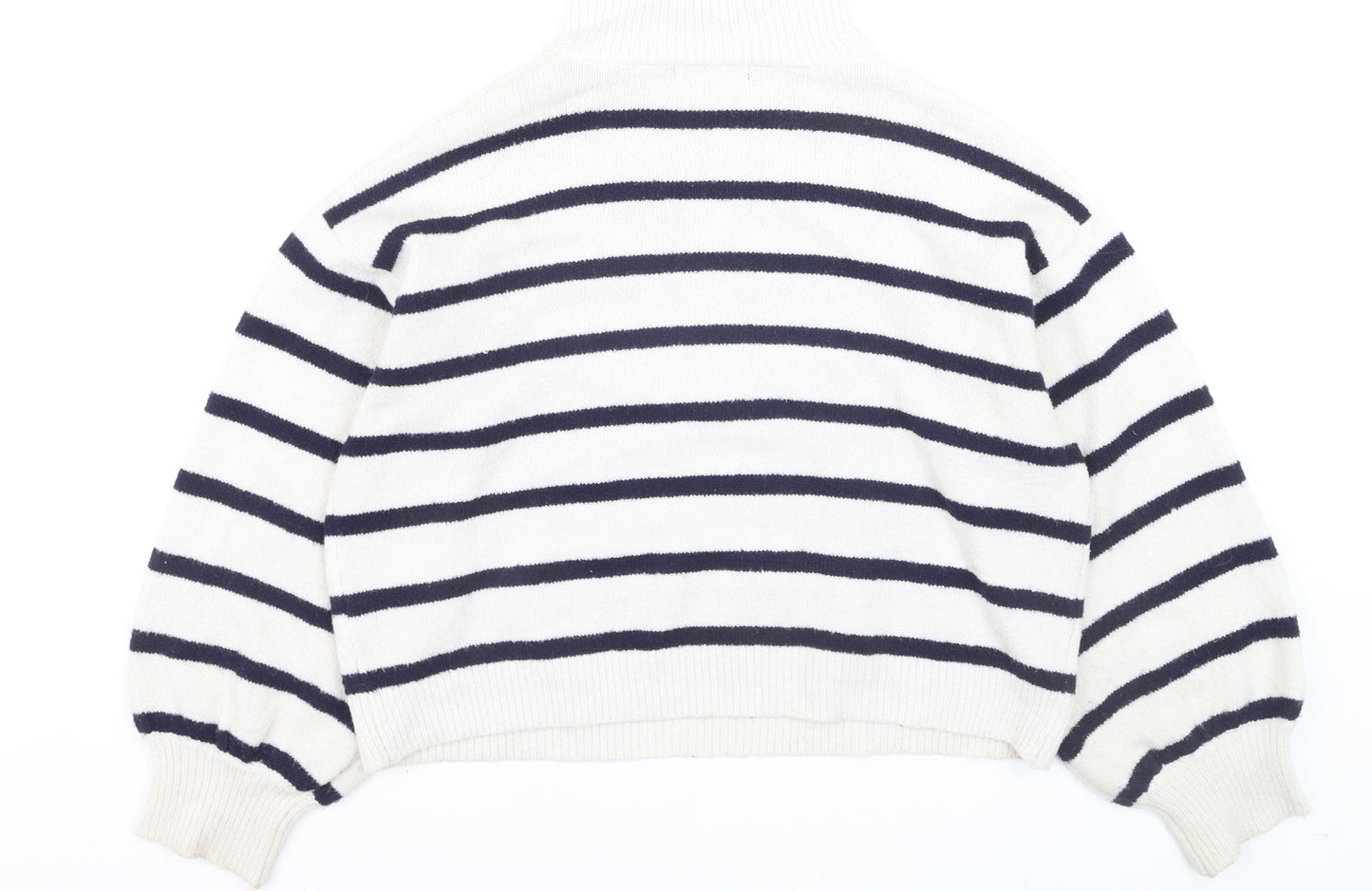 French Connection Women's White Striped 1/2 Zip High Neck Jumper Size L