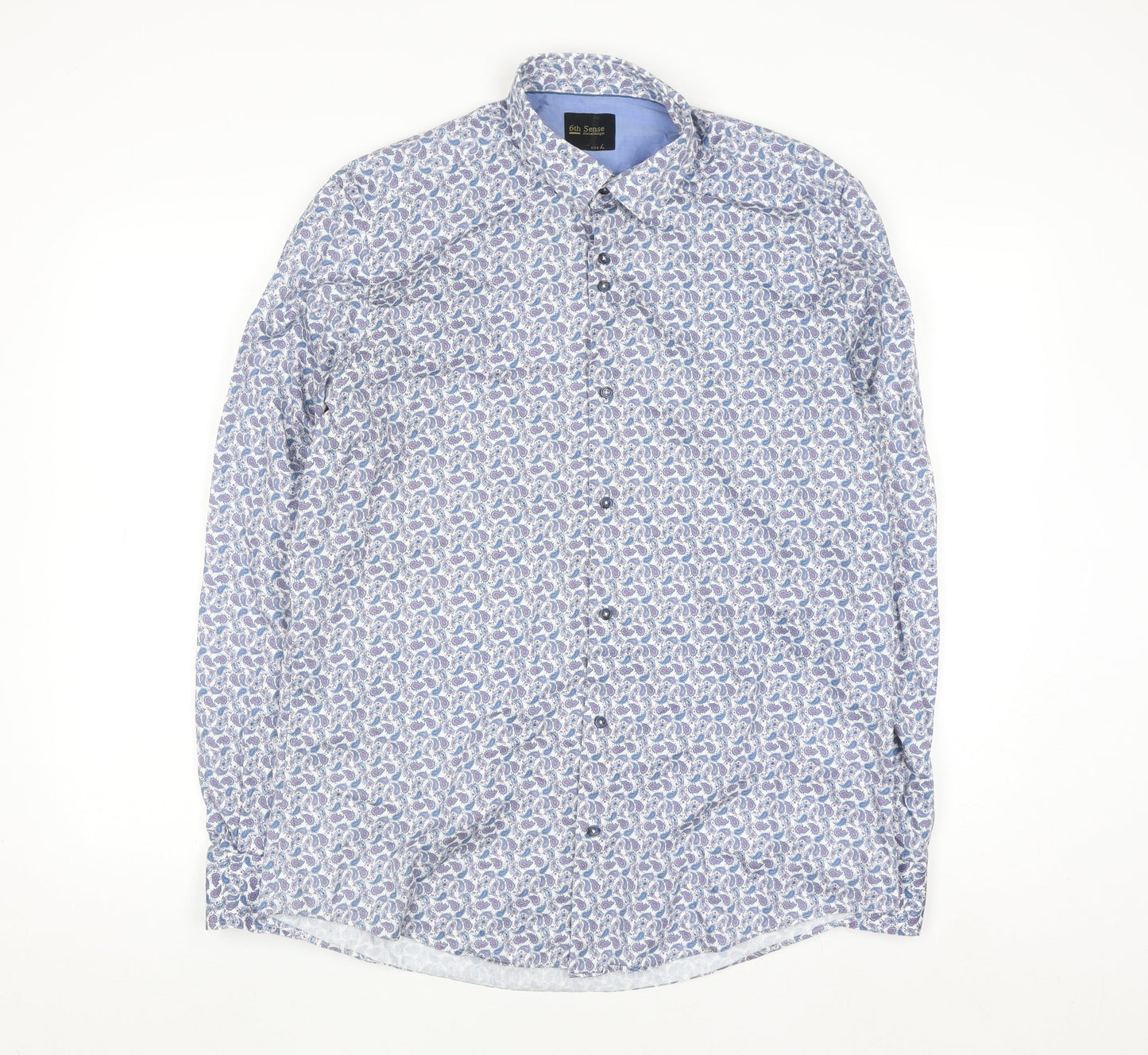 6th Sense Men's Blue Paisley Cotton Long Sleeve Button-Up Shirt L
