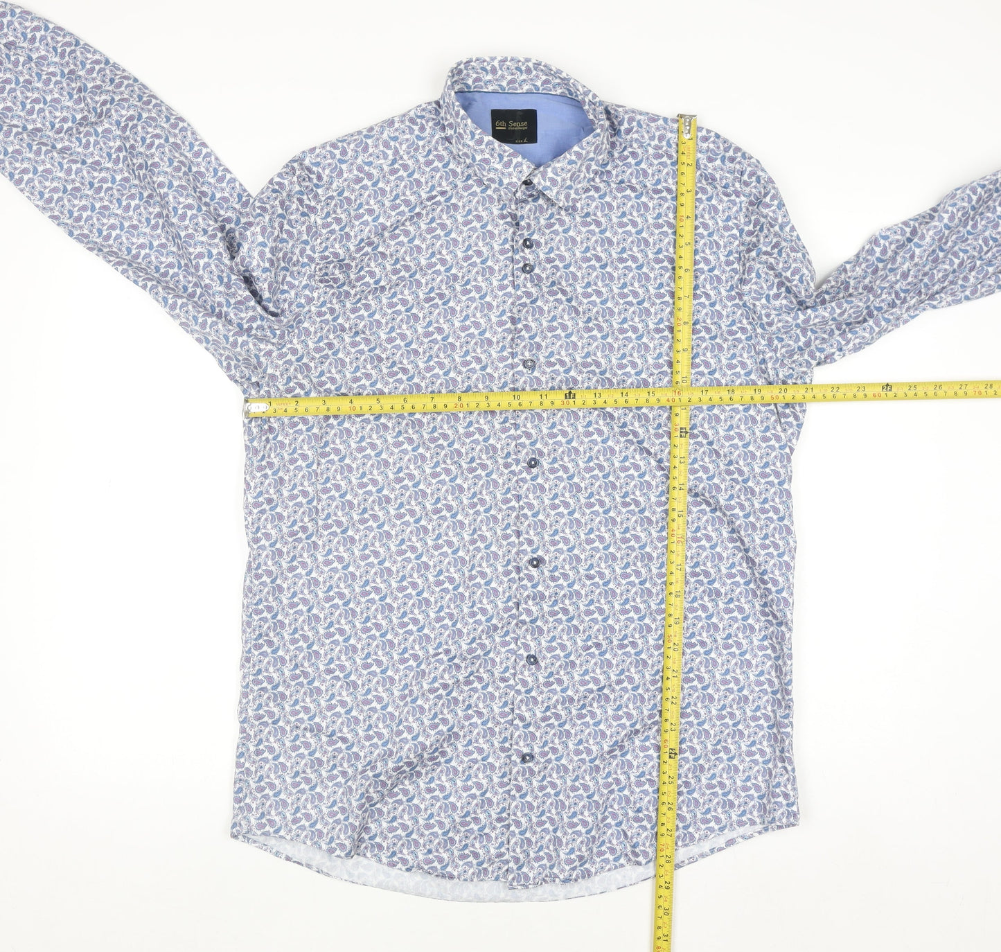 6th Sense Men's Blue Paisley Cotton Long Sleeve Button-Up Shirt L