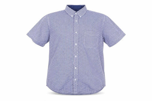 J&J Men's Blue Check Button-Down Short Sleeve Cotton Shirt L