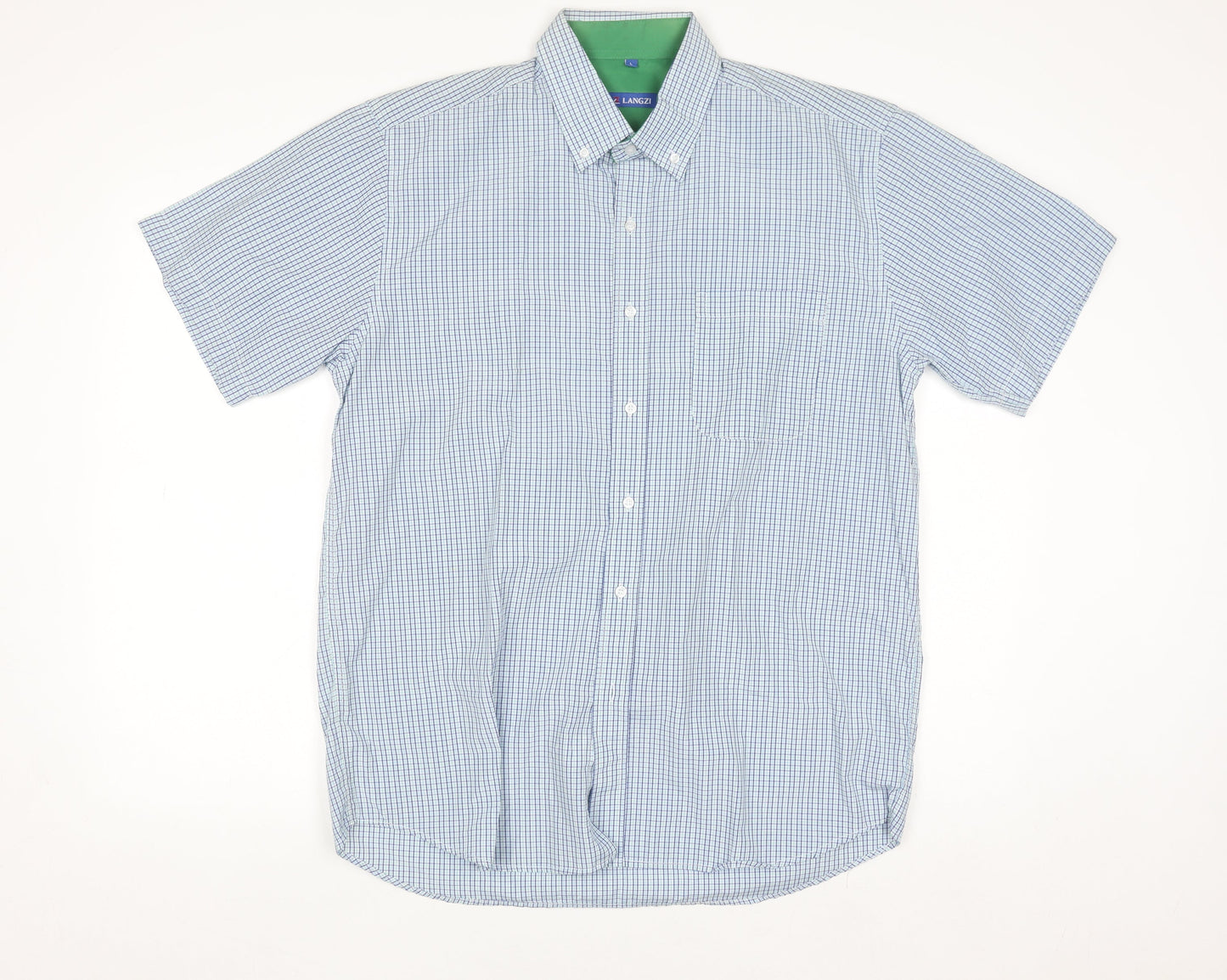 Langzi Men's Blue Check Short Sleeve Button-Up Shirt L Cotton