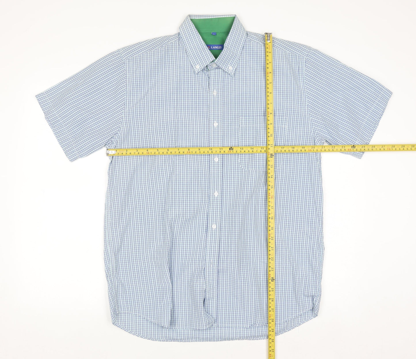 Langzi Men's Blue Check Short Sleeve Button-Up Shirt L Cotton