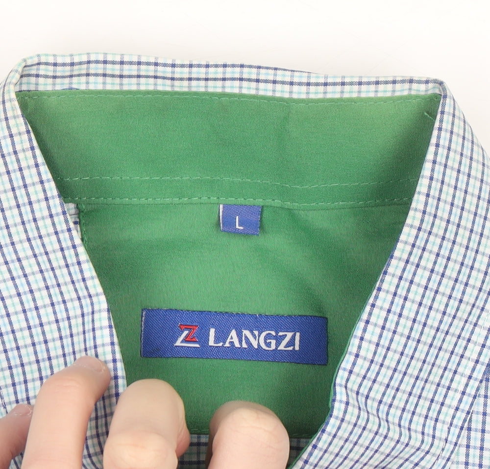Langzi Men's Blue Check Short Sleeve Button-Up Shirt L Cotton