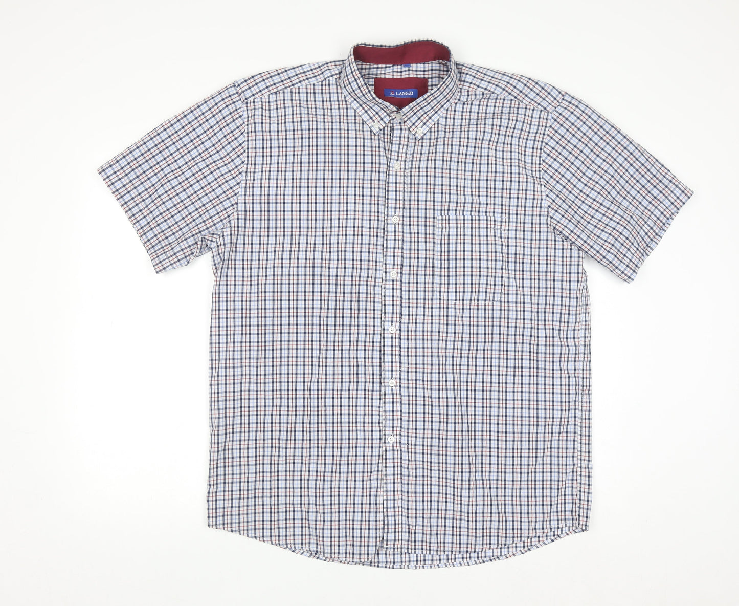 LANGZI Men Blue Check Button-Down Short Sleeve Cotton Shirt XL