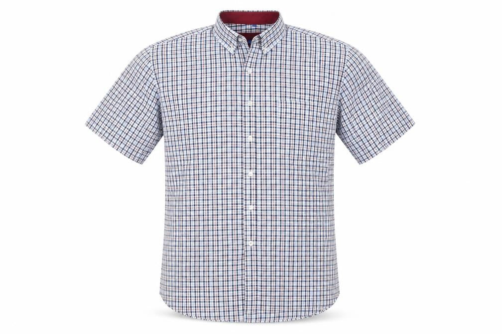 LANGZI Men Blue Check Button-Down Short Sleeve Cotton Shirt XL