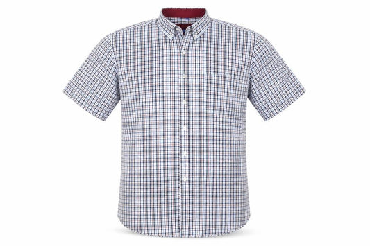 LANGZI Men Blue Check Button-Down Short Sleeve Cotton Shirt XL