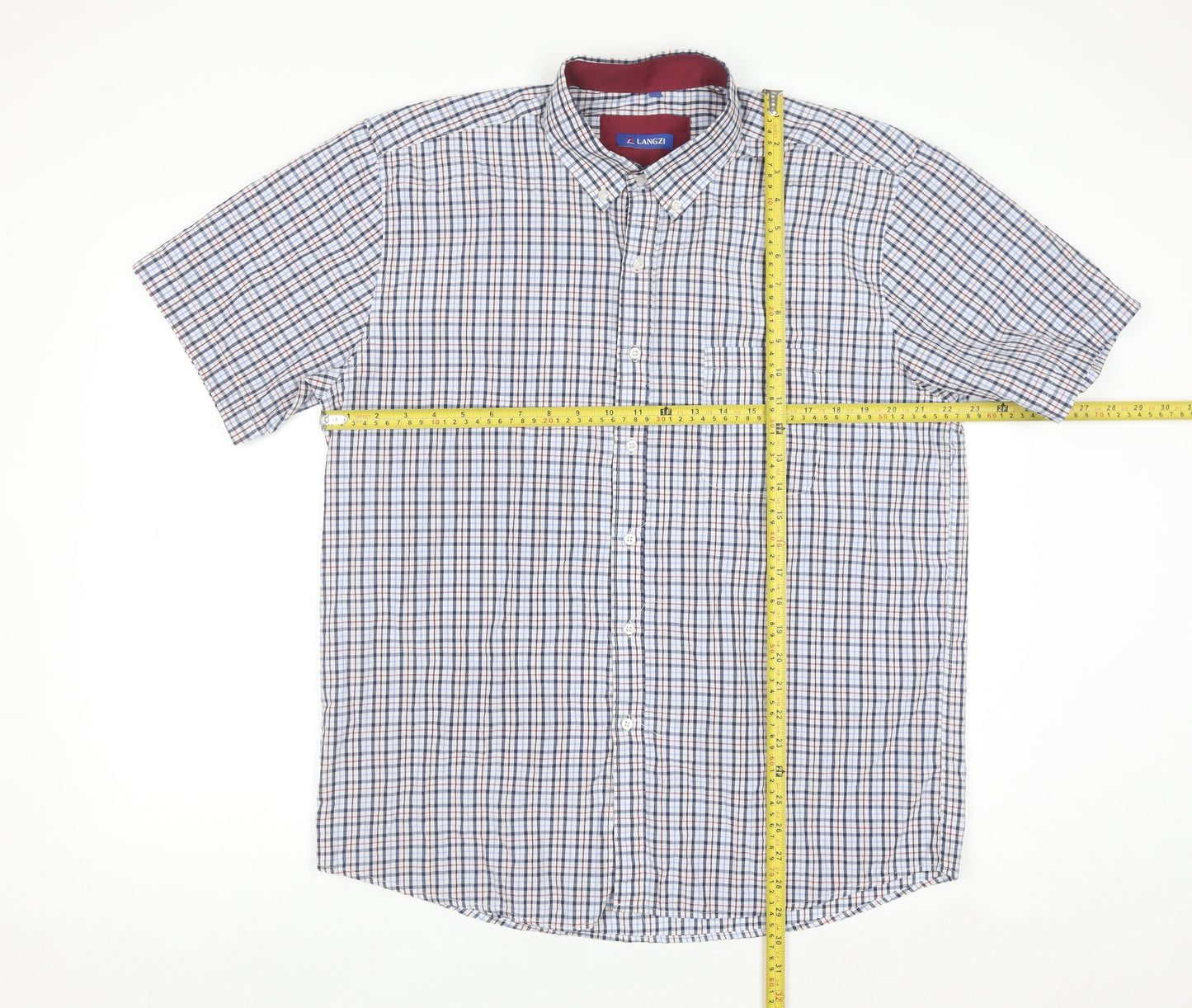 LANGZI Men Blue Check Button-Down Short Sleeve Cotton Shirt XL