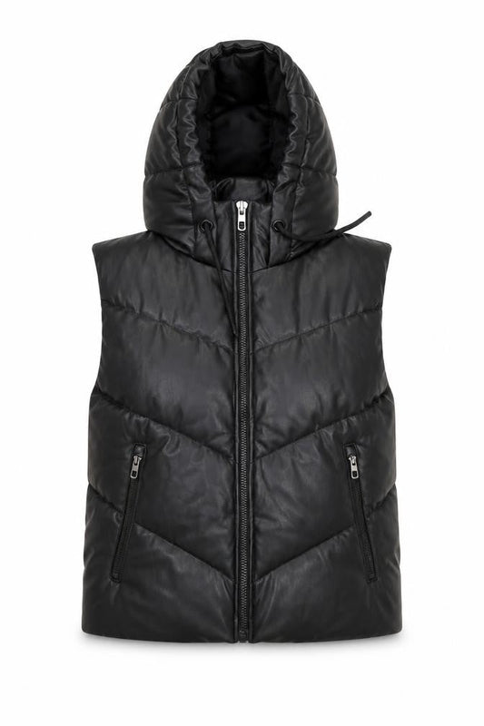 Zara Women's Black Faux Leather Puffer Hooded Waistcoat Size S