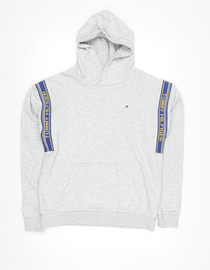 Additional front view of Tommy Hilfiger boys’ grey pullover hoodie, size 176, cotton blend logo
