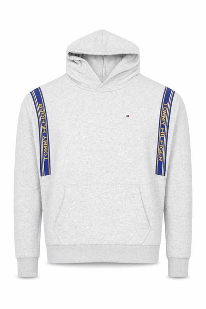 Front view of Tommy Hilfiger boys’ grey pullover hoodie, size 176, cotton blend logo