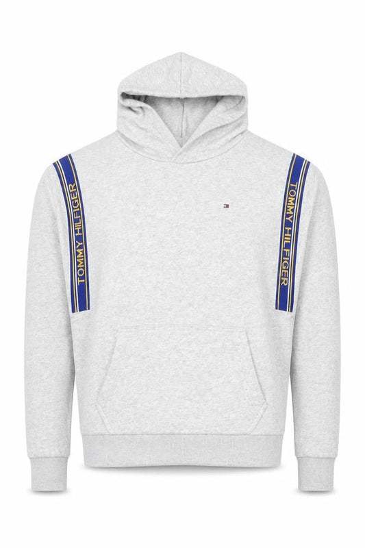 Front view of Tommy Hilfiger boys’ grey pullover hoodie, size 176, cotton blend logo
