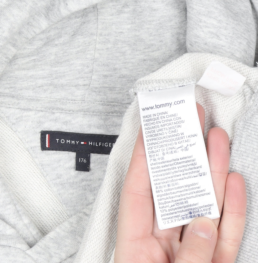 Tommy Hilfiger Boys Grey Pullover Hoodie Size 176 Cotton Blend Logo