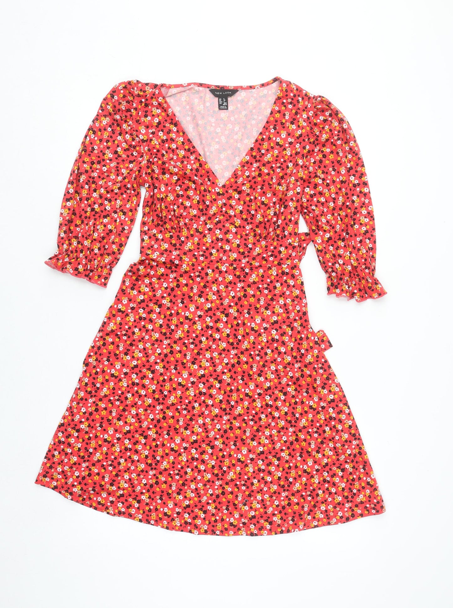 New Look Women's Red Floral Wrap Dress Size 6 Puff Sleeve