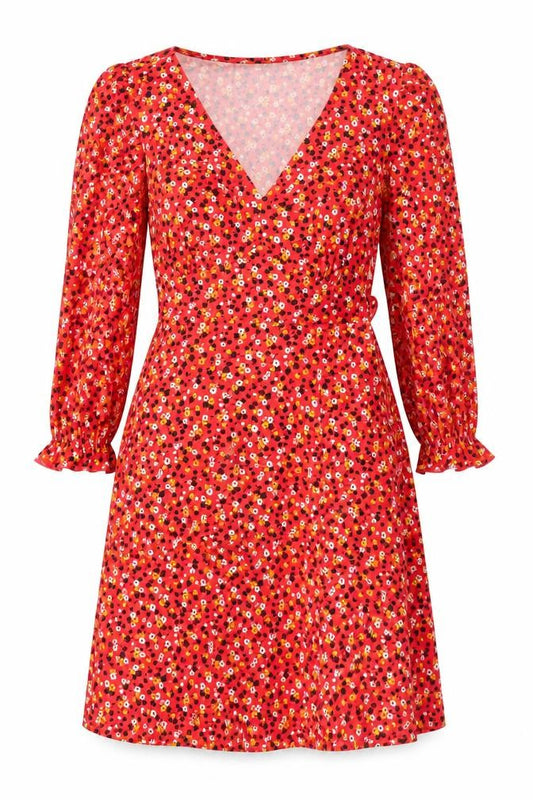 New Look Women's Red Floral Wrap Dress Size 6 Puff Sleeve