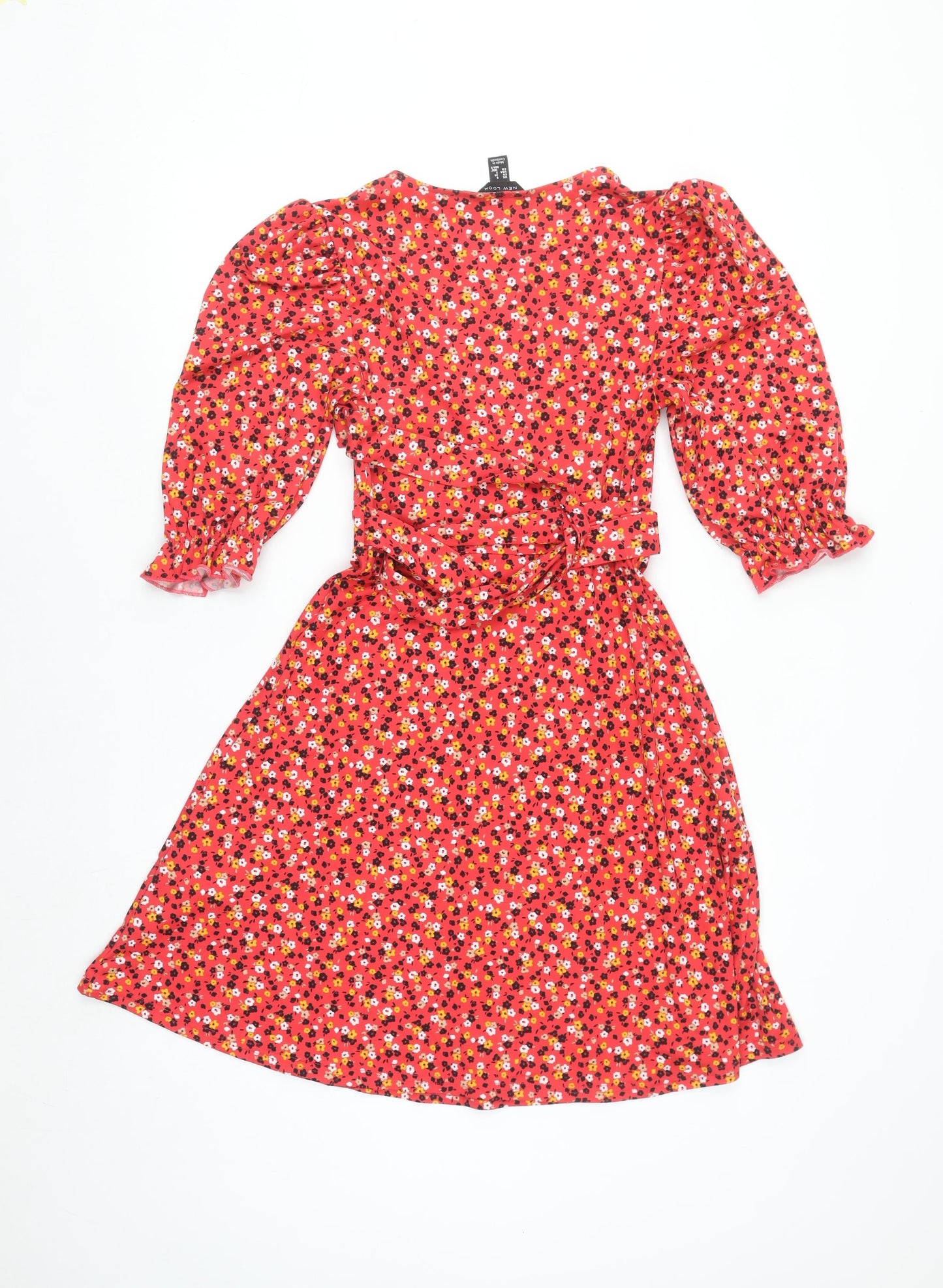 New Look Women's Red Floral Wrap Dress Size 6 Puff Sleeve