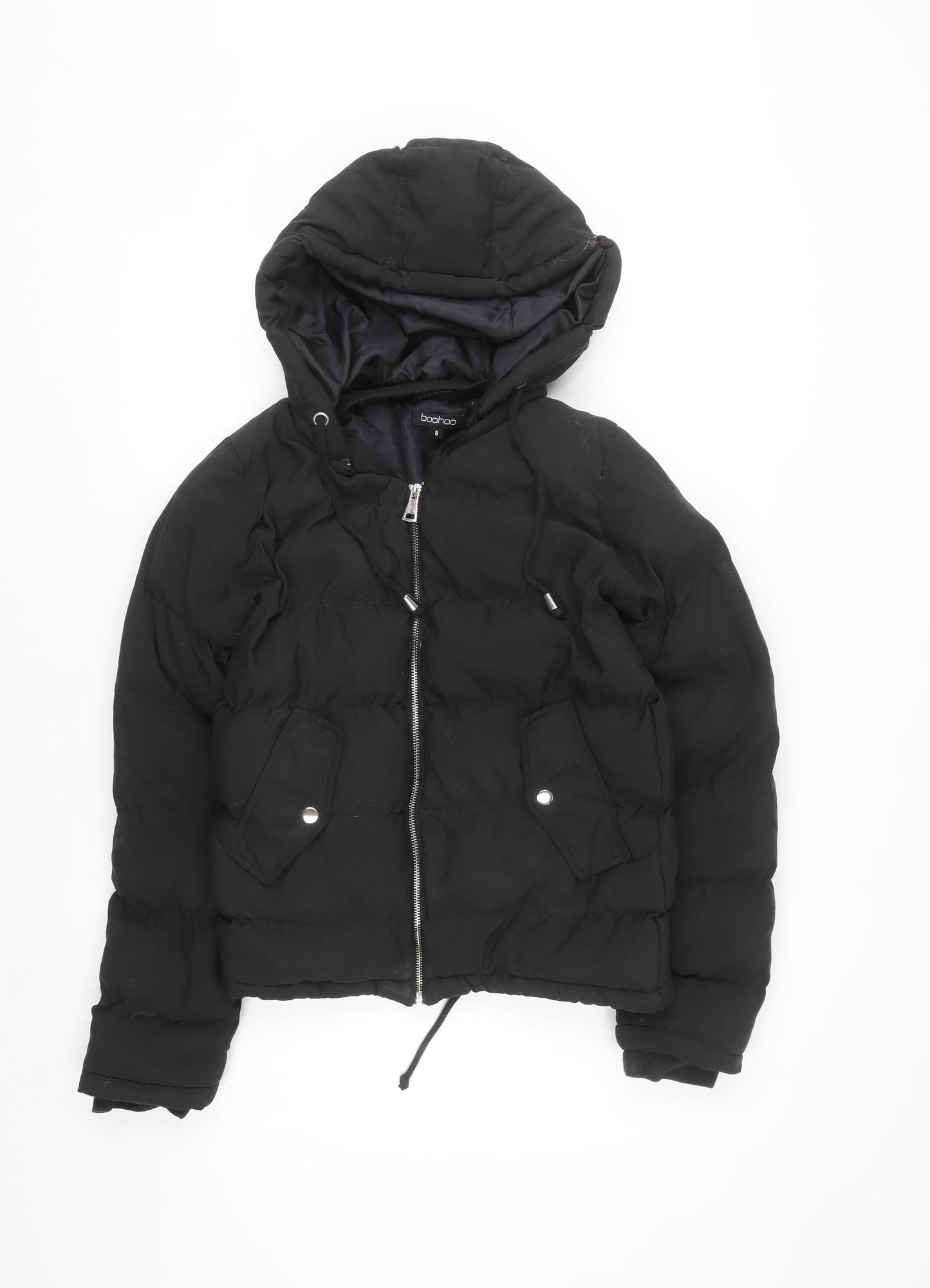 Boohoo Womens Black Hooded Puffer Jacket Size 8 Quilted Zip Up