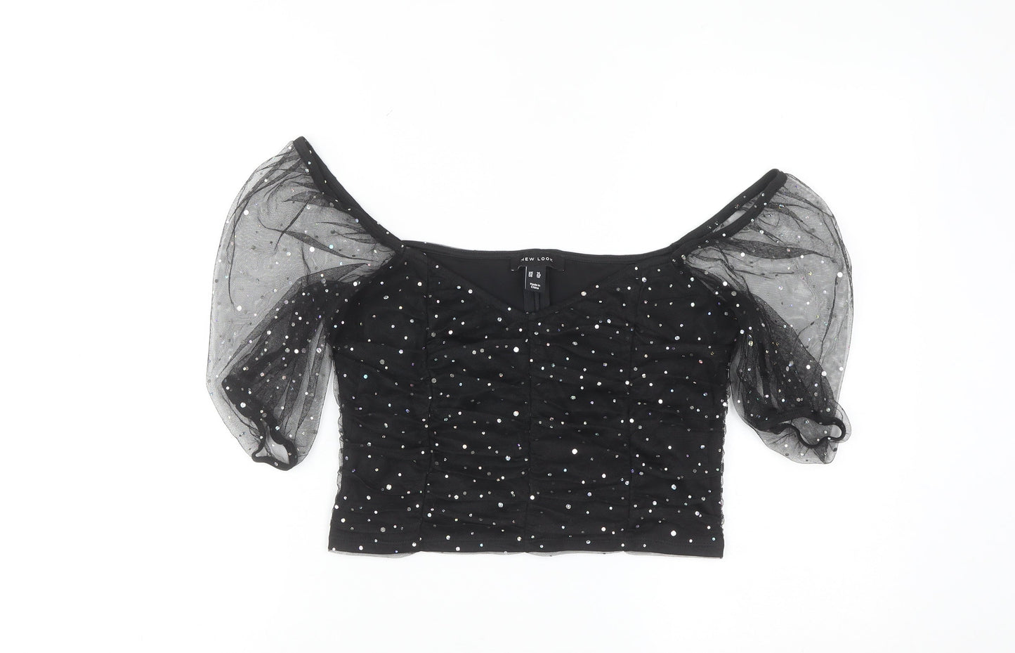 New Look Women Black Sequin Mesh Puff Sleeve Cropped Blouse Size 14