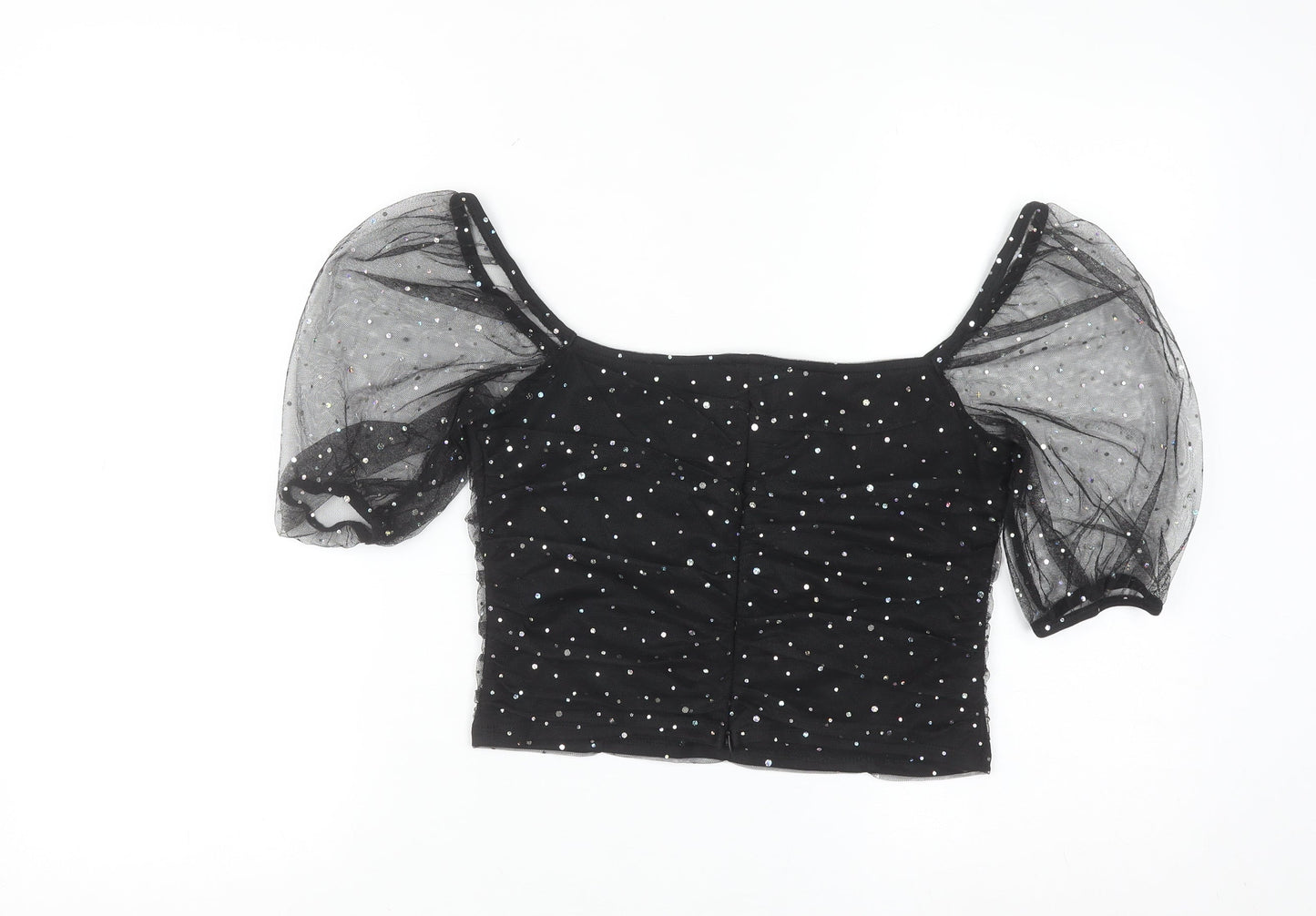 New Look Women Black Sequin Mesh Puff Sleeve Cropped Blouse Size 14