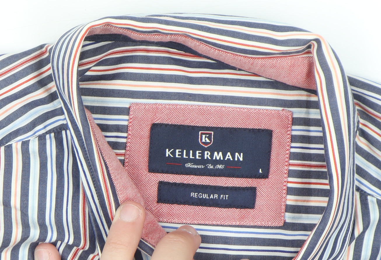 Kellerman Men's Multicoloured Striped Short Sleeve Button-Up Shirt L