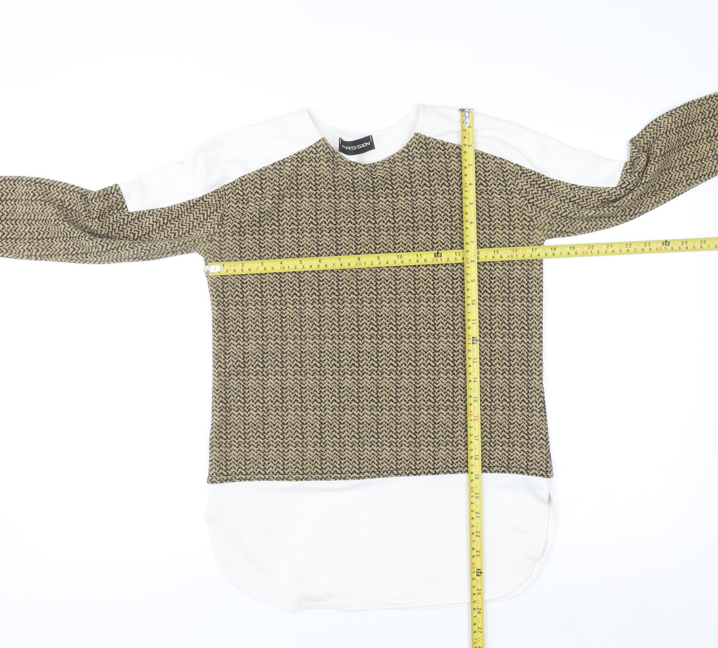 Passion Womens Beige Geometric Tunic Blouse Size 10 Long Sleeve