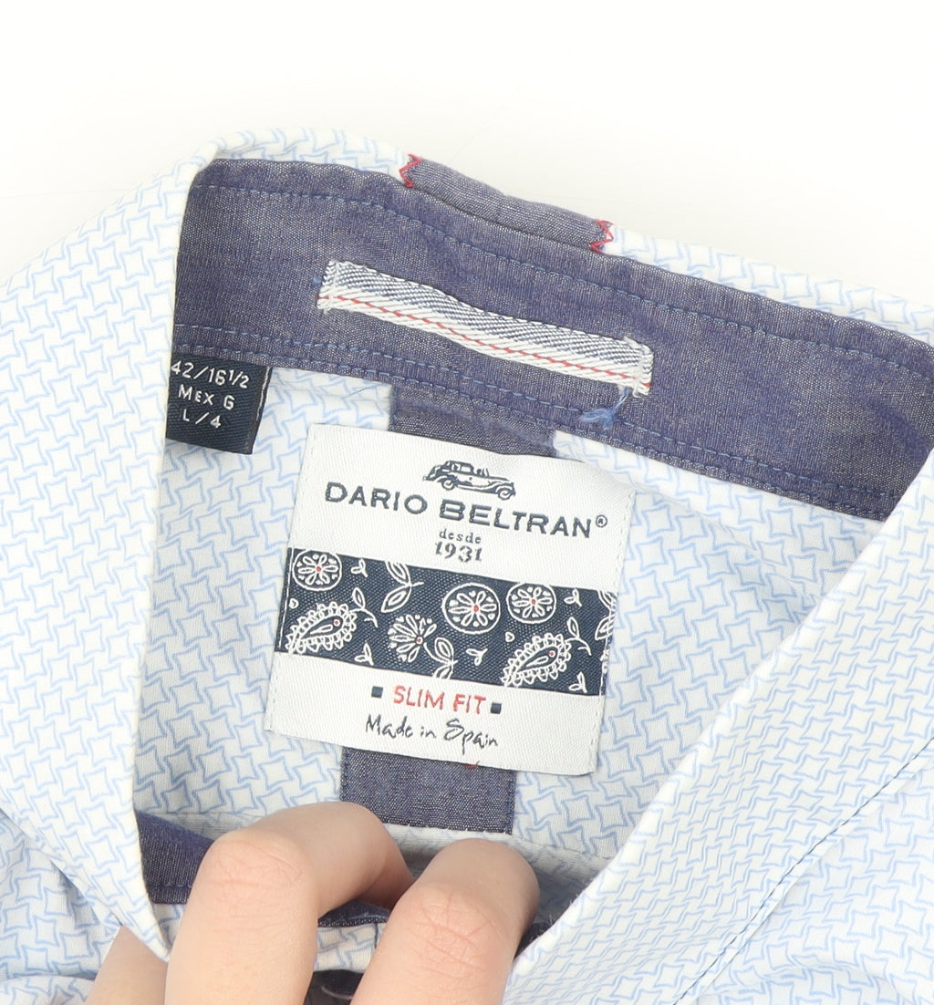 Dario Beltran Men's Blue Slim Fit Long Sleeve Cotton Shirt L 42in