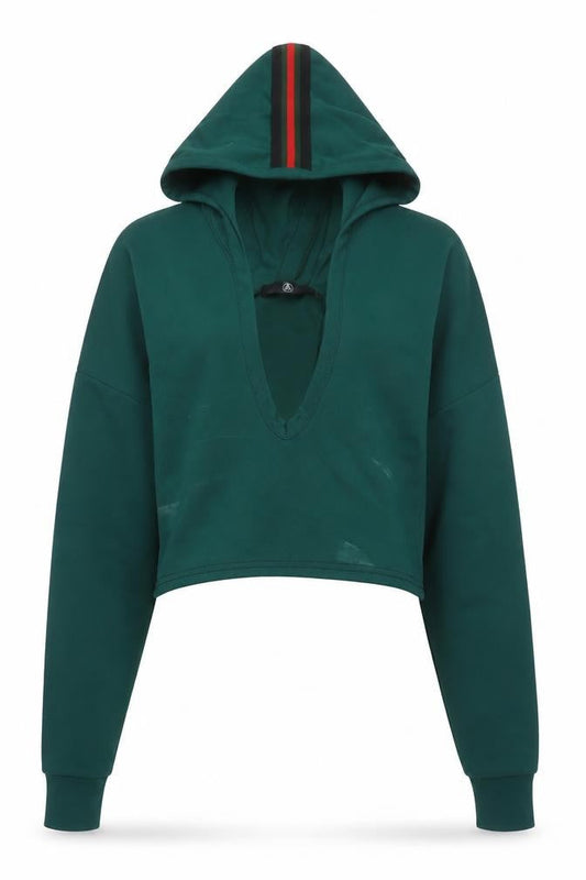Front view of Missguided women’s green cropped pullover hoodie, size UK 6