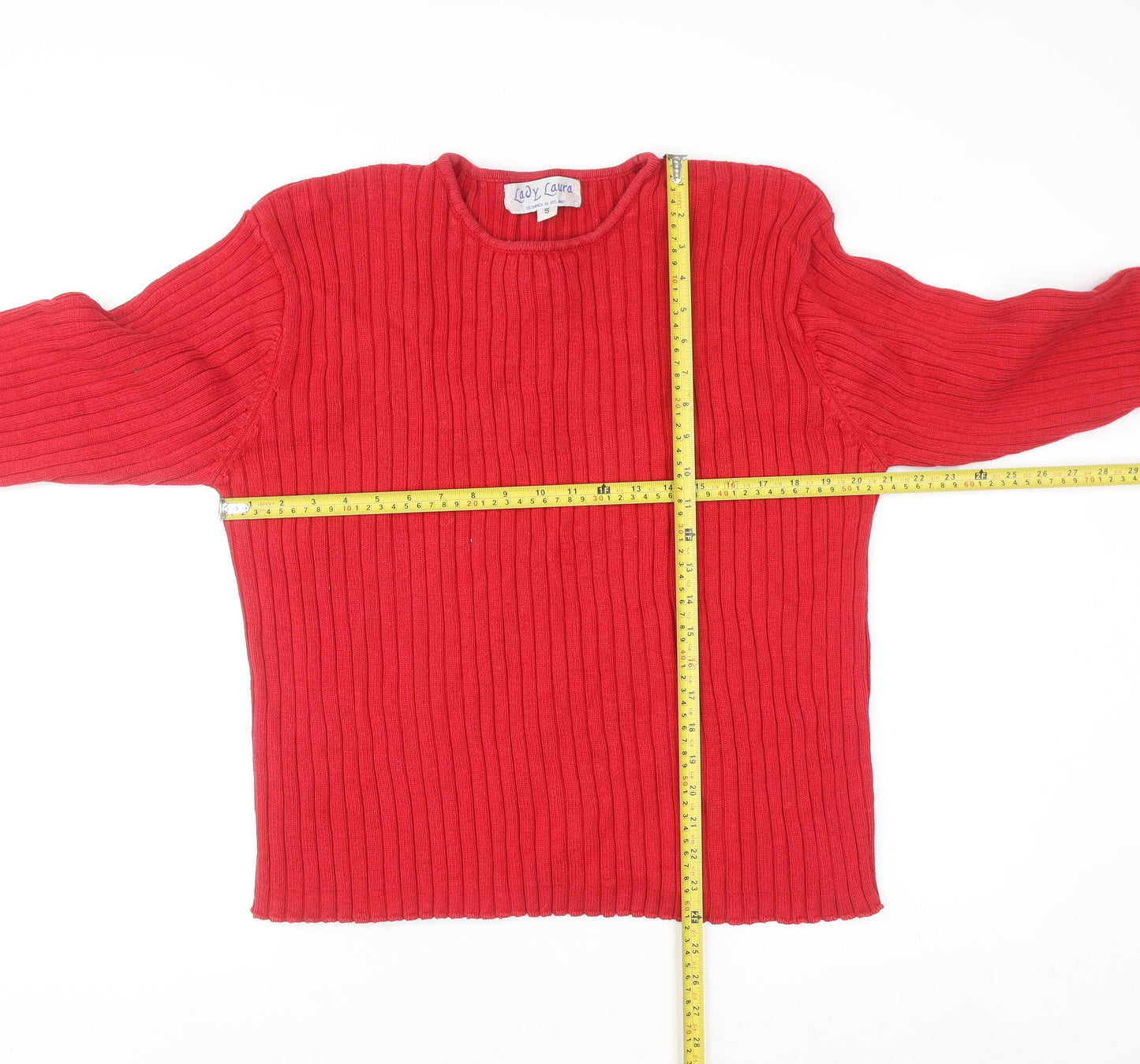 Lady Laura Womens Red Cotton Rib Knit Crew Neck Jumper Size 12