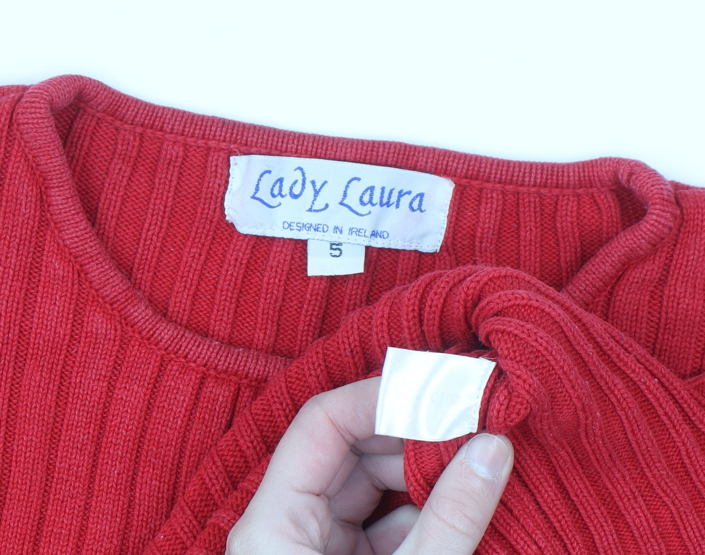 Lady Laura Womens Red Cotton Rib Knit Crew Neck Jumper Size 12