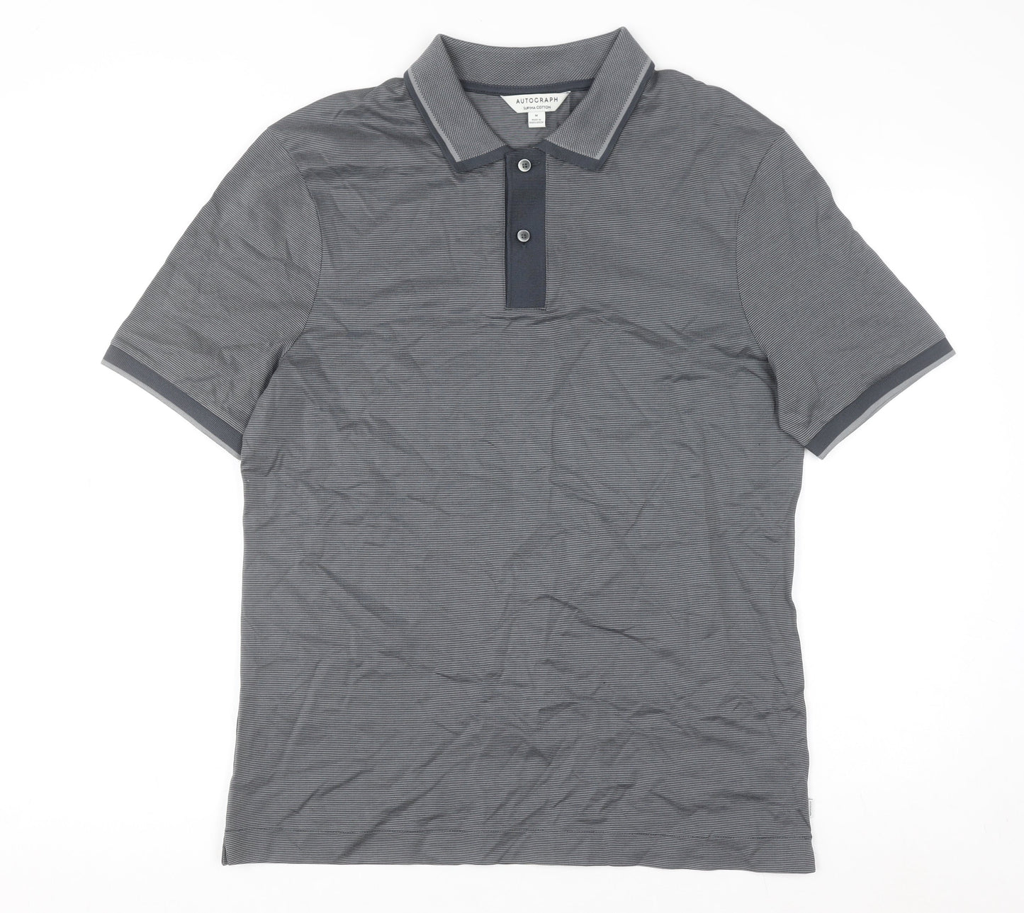 Marks and Spencer Men's Grey Striped Cotton Polo Shirt M