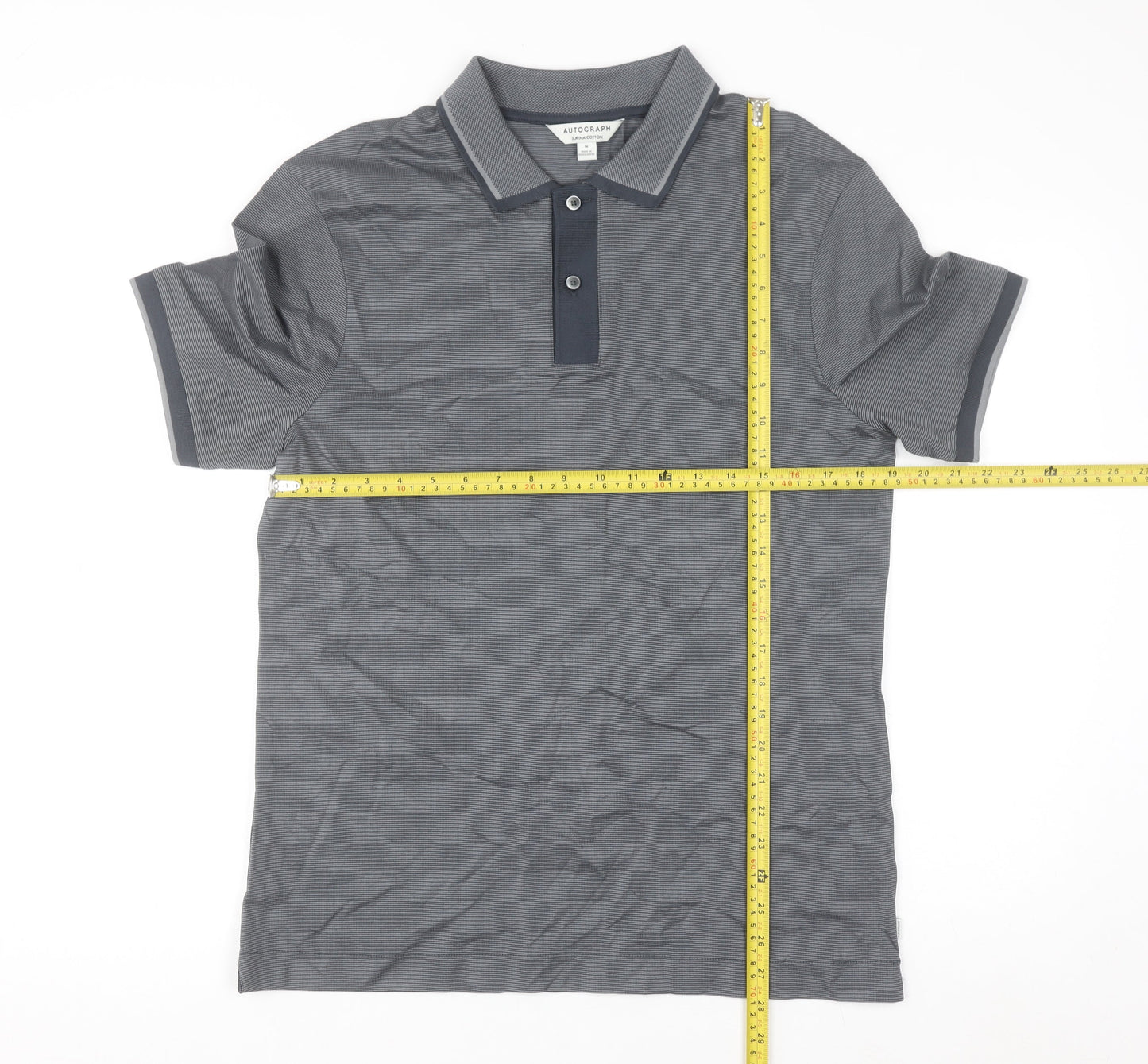 Marks and Spencer Men's Grey Striped Cotton Polo Shirt M