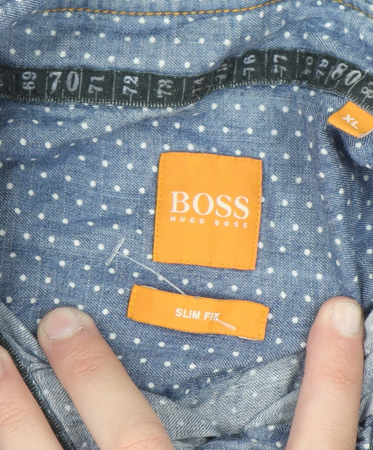 Hugo Boss Men's Blue Polka Dot Slim Fit Cotton Long Sleeve Shirt XL